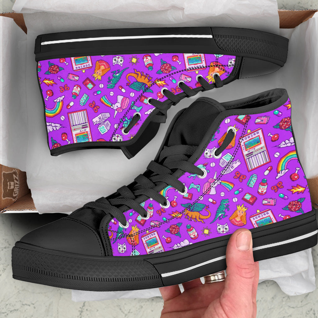 Pixel Art 8 Bit Pink Print Pattern Black High Top Shoes-grizzshop