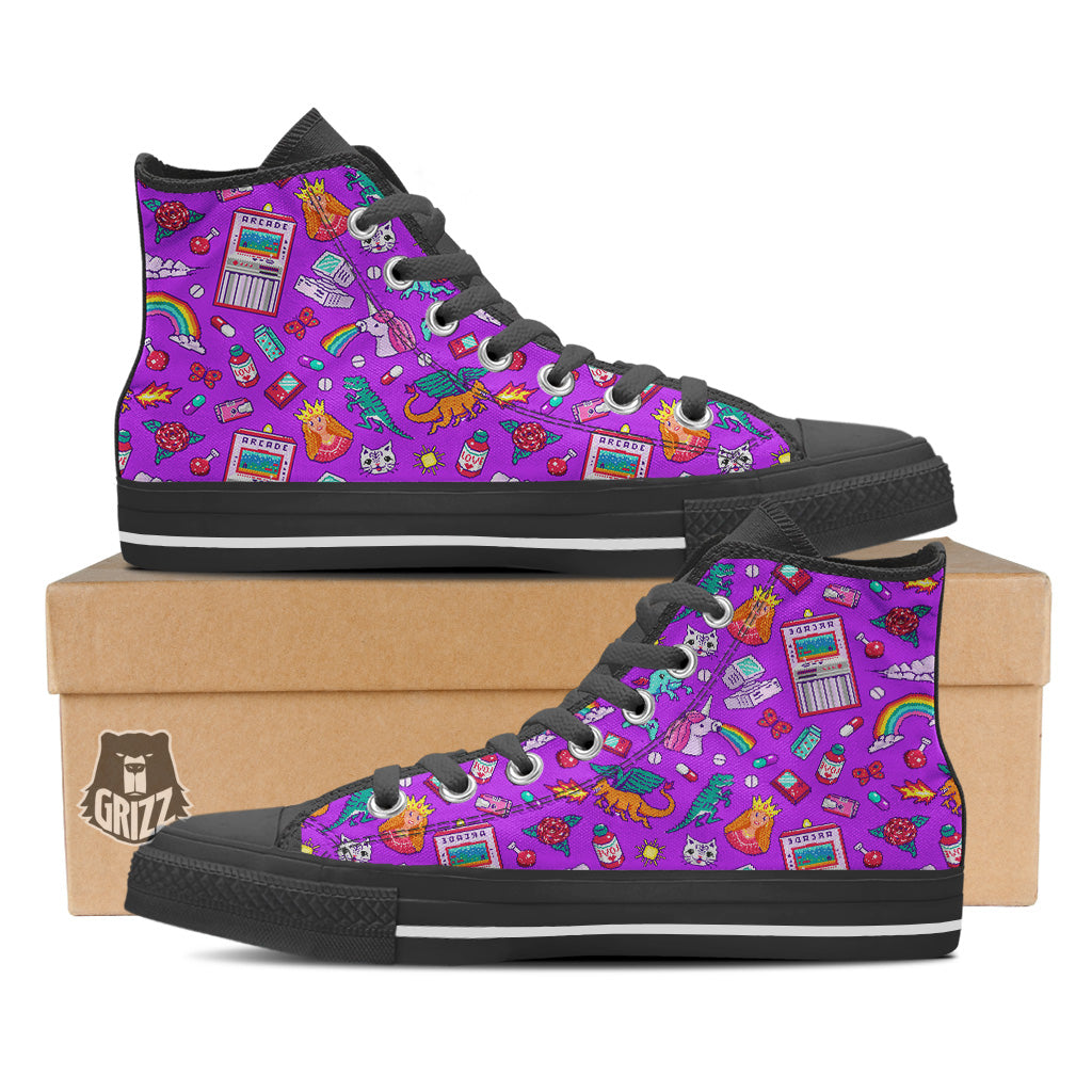 Pixel Art 8 Bit Pink Print Pattern Black High Top Shoes-grizzshop