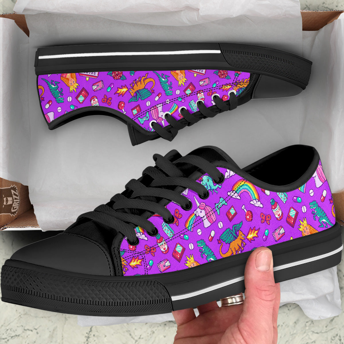 Pixel Art 8 Bit Pink Print Pattern Black Low Top Shoes-grizzshop