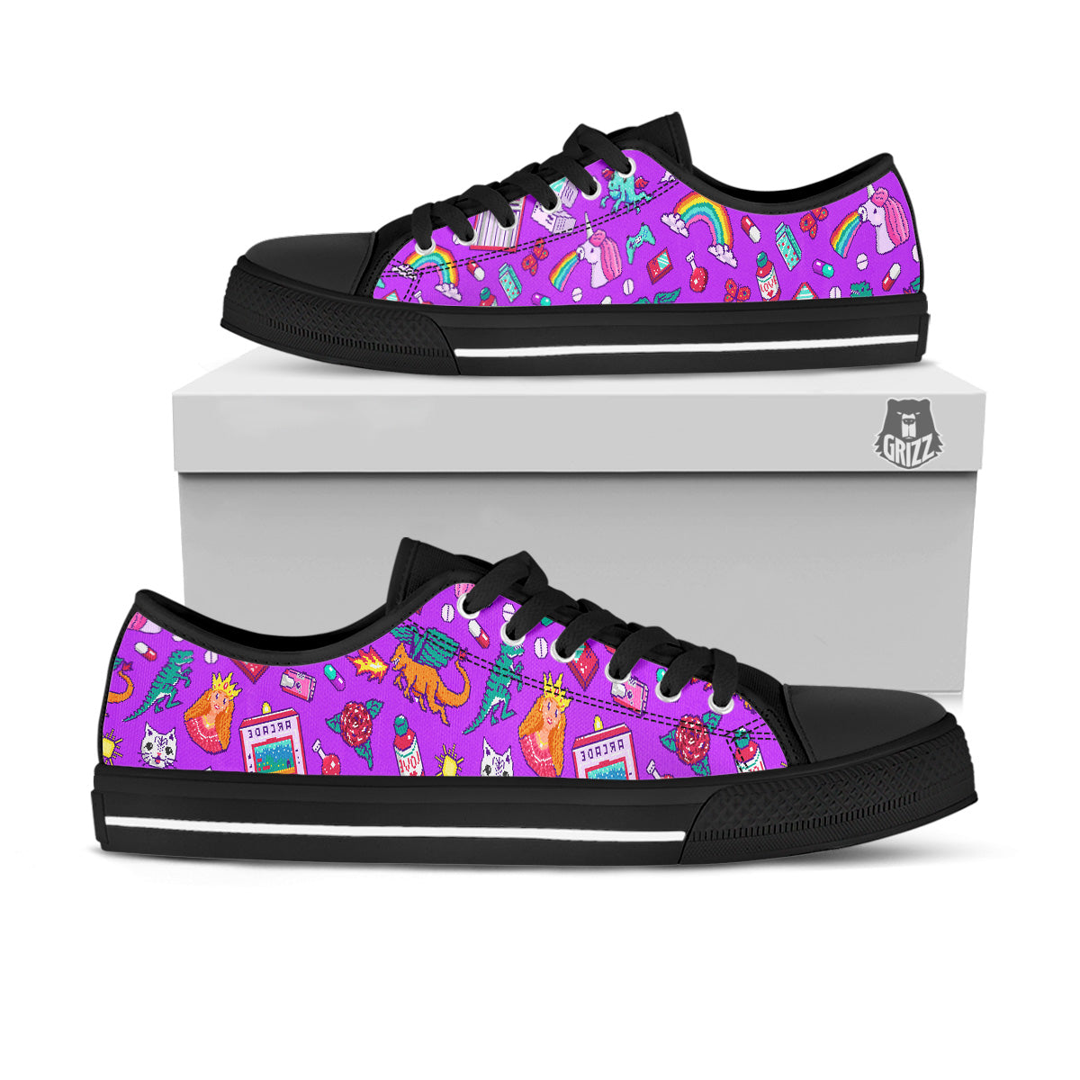 Pixel Art 8 Bit Pink Print Pattern Black Low Top Shoes-grizzshop