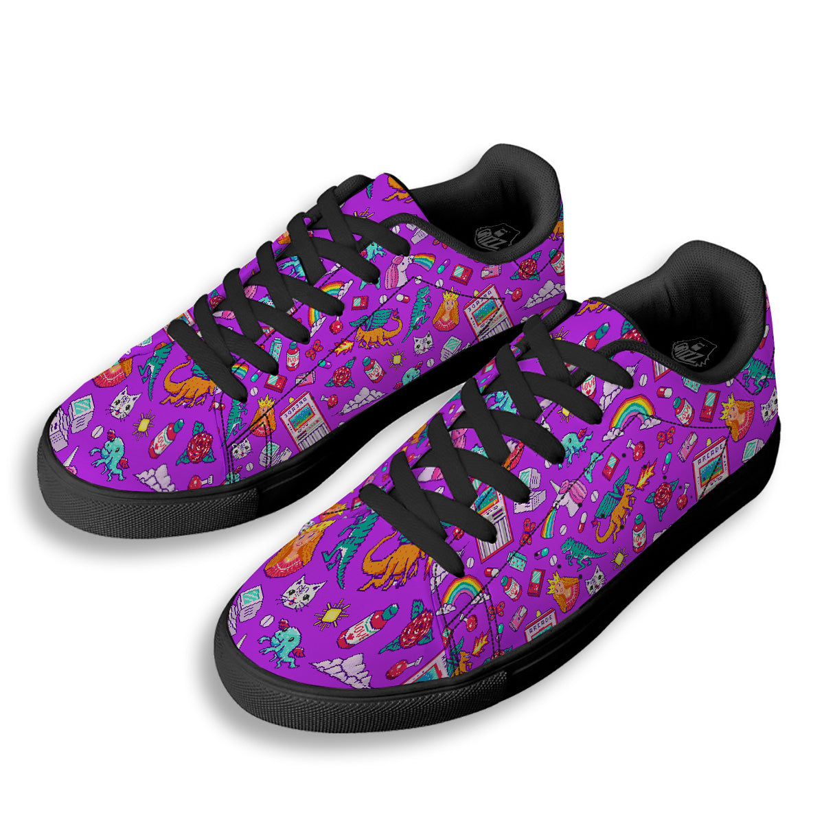 Pixel Art 8 Bit Pink Print Pattern Black Low Top Sneakers-grizzshop