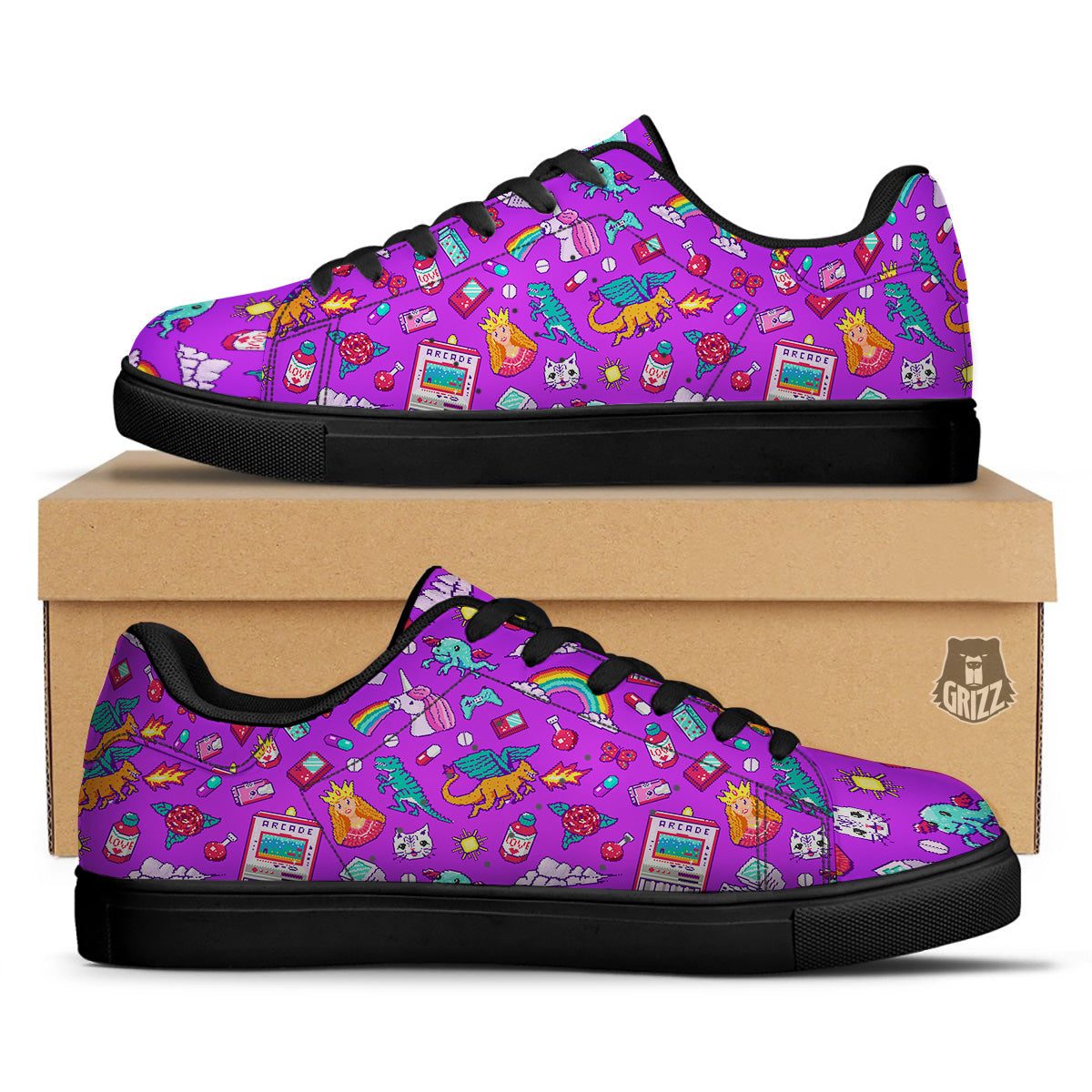 Pixel Art 8 Bit Pink Print Pattern Black Low Top Sneakers-grizzshop