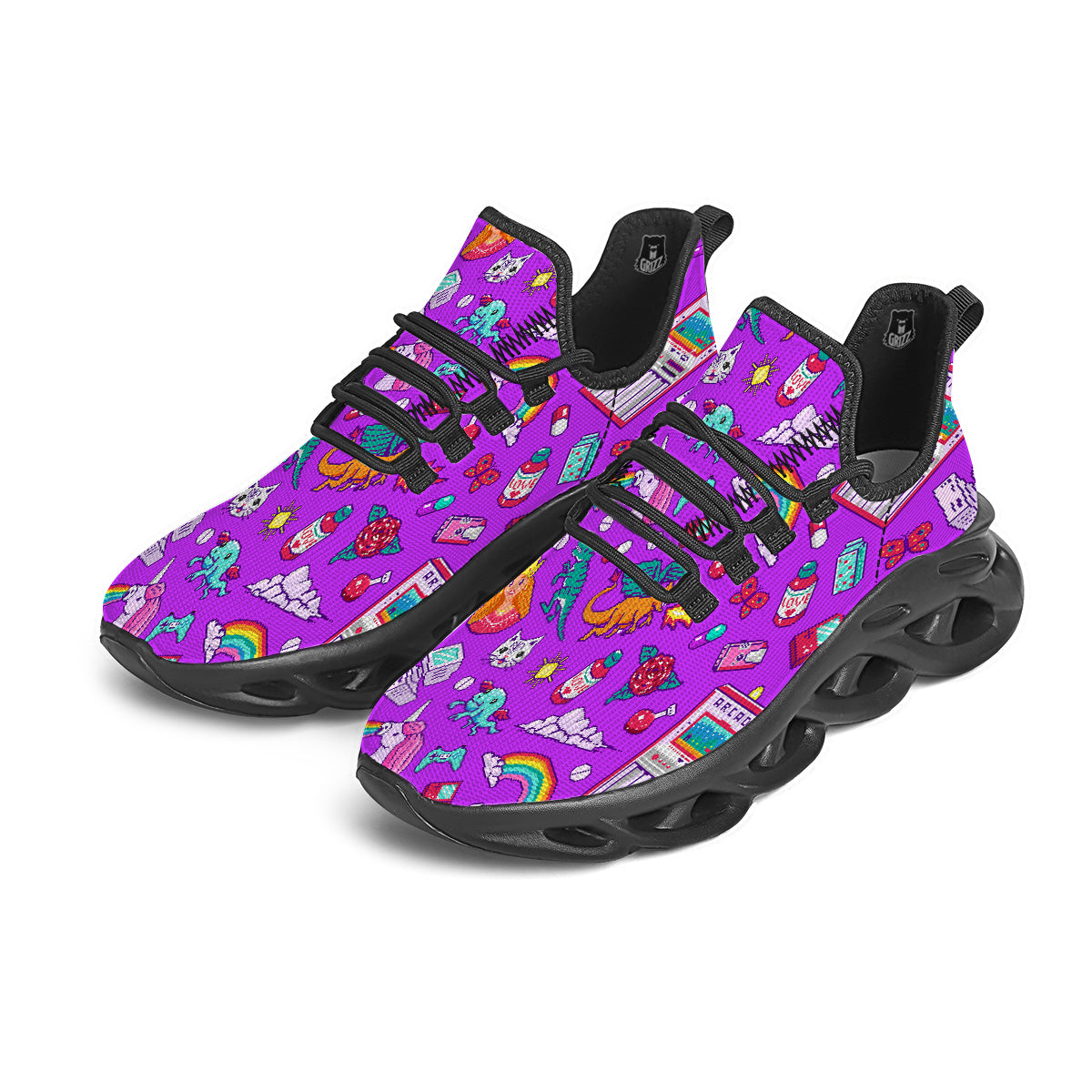 Pixel Art 8 Bit Pink Print Pattern Black Running Shoes-grizzshop