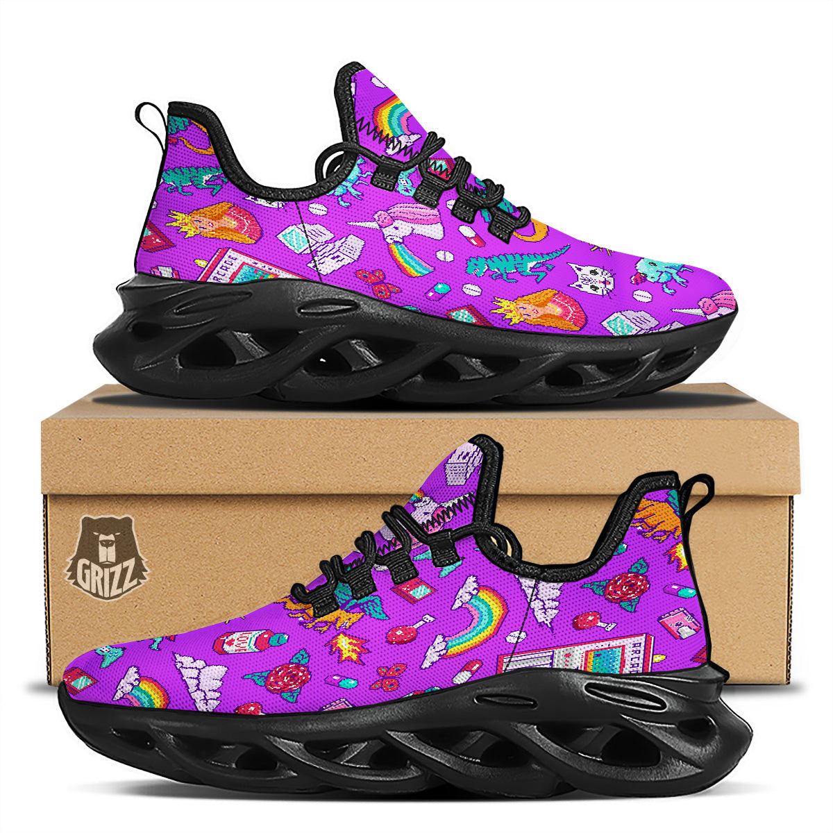 Pixel Art 8 Bit Pink Print Pattern Black Running Shoes-grizzshop