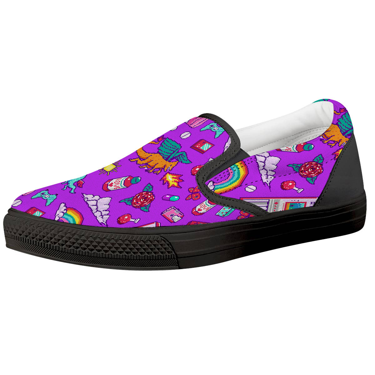 Pixel Art 8 Bit Pink Print Pattern Black Slip On Shoes-grizzshop