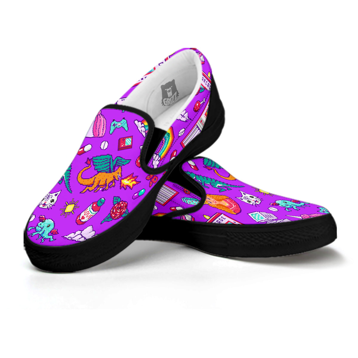 Pixel Art 8 Bit Pink Print Pattern Black Slip On Shoes-grizzshop