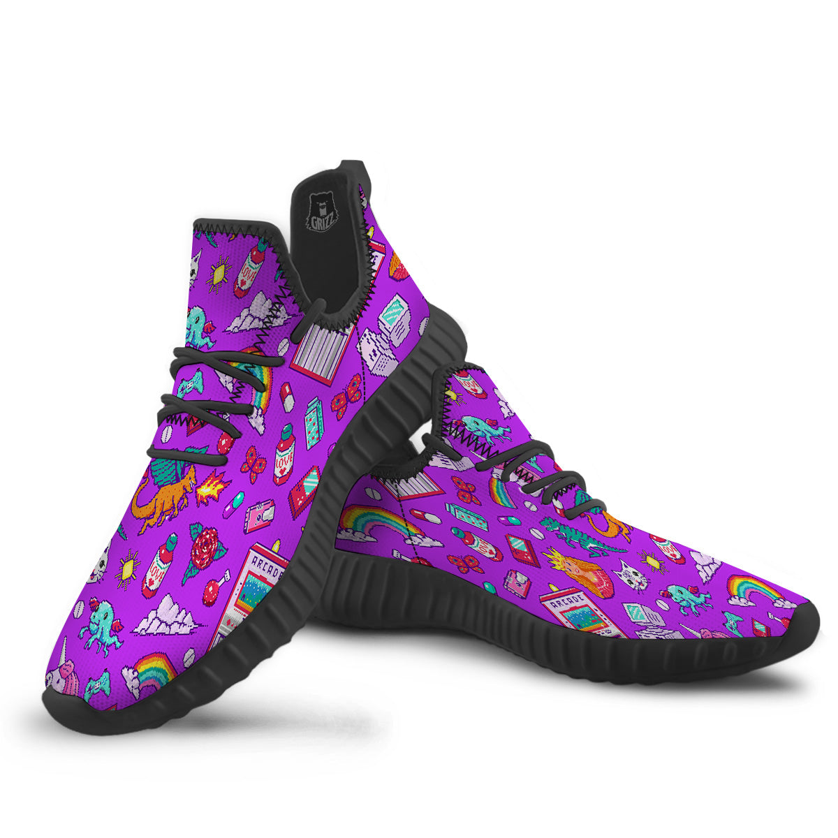 Pixel Art 8 Bit Pink Print Pattern Black Walking Shoes-grizzshop