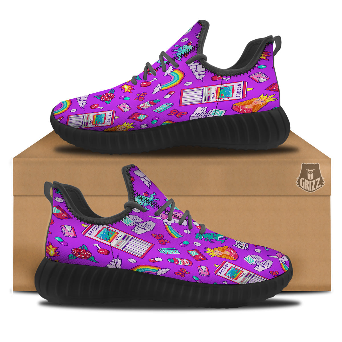 Pixel Art 8 Bit Pink Print Pattern Black Walking Shoes-grizzshop