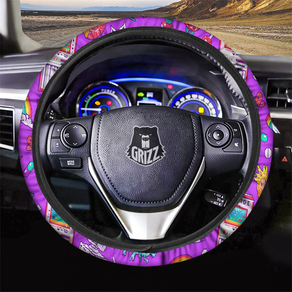 Pixel Art 8 Bit Pink Print Pattern Car Steering Wheel Cover-grizzshop