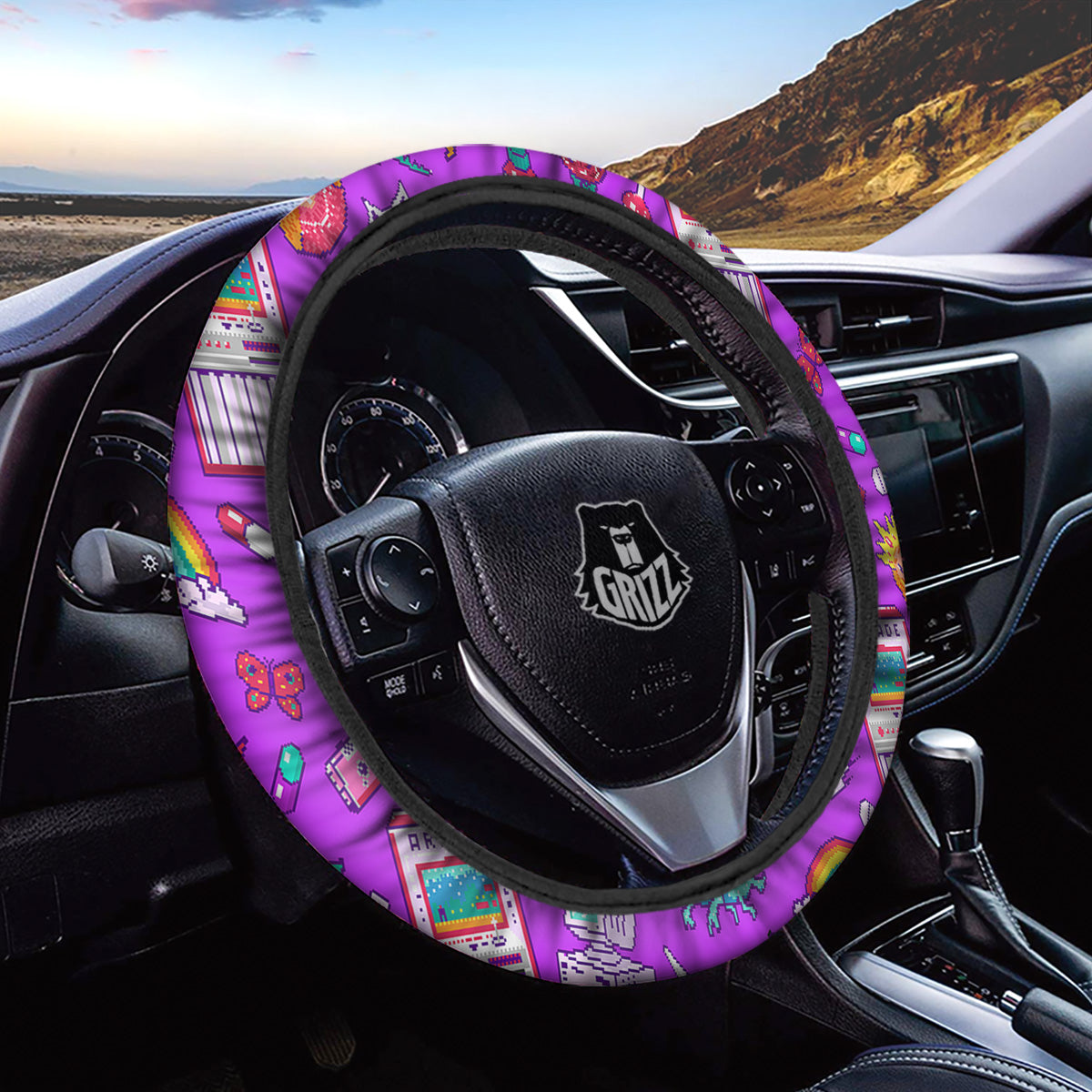 Pixel Art 8 Bit Pink Print Pattern Car Steering Wheel Cover-grizzshop