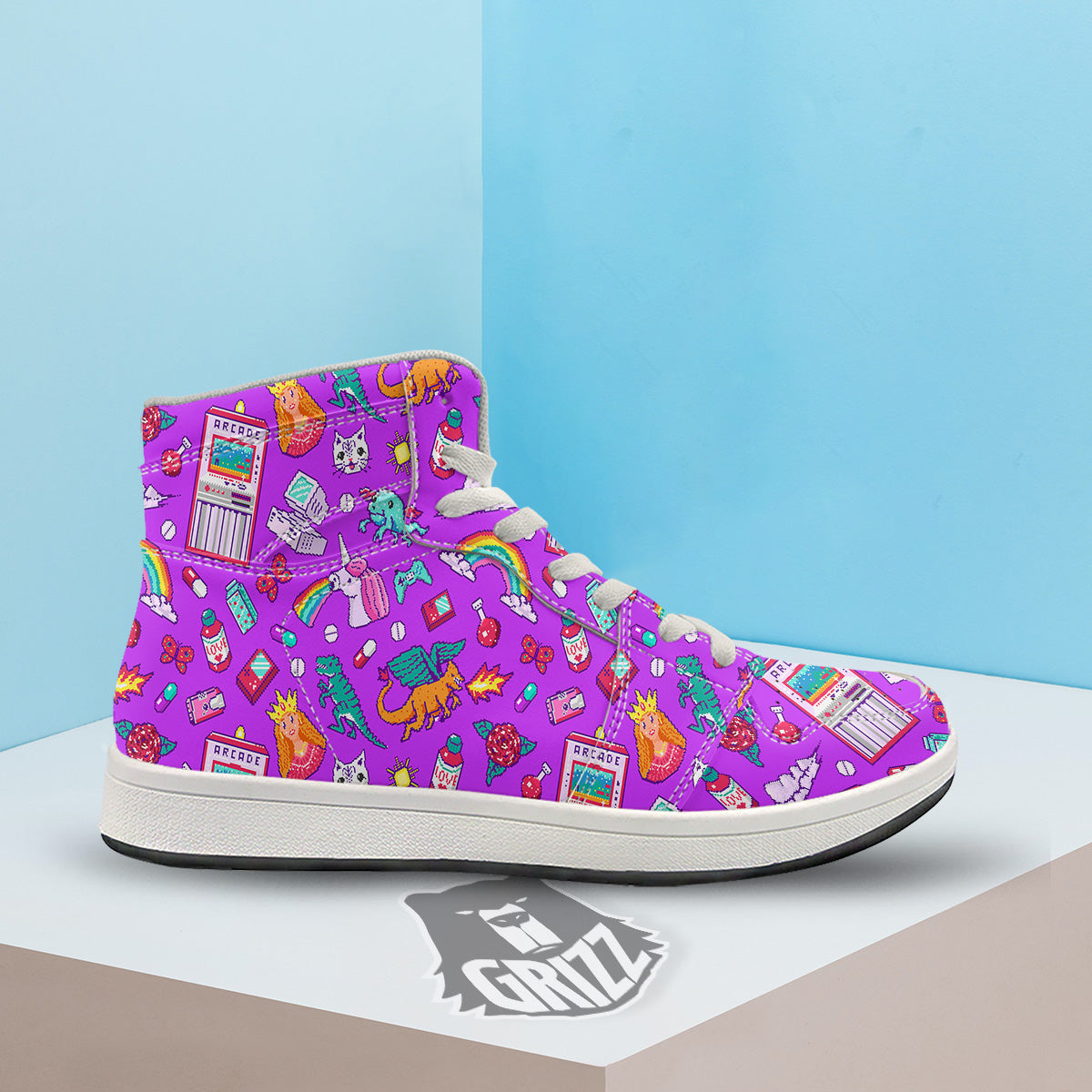Pixel Art 8 Bit Pink Print Pattern High Top Sneakers-grizzshop