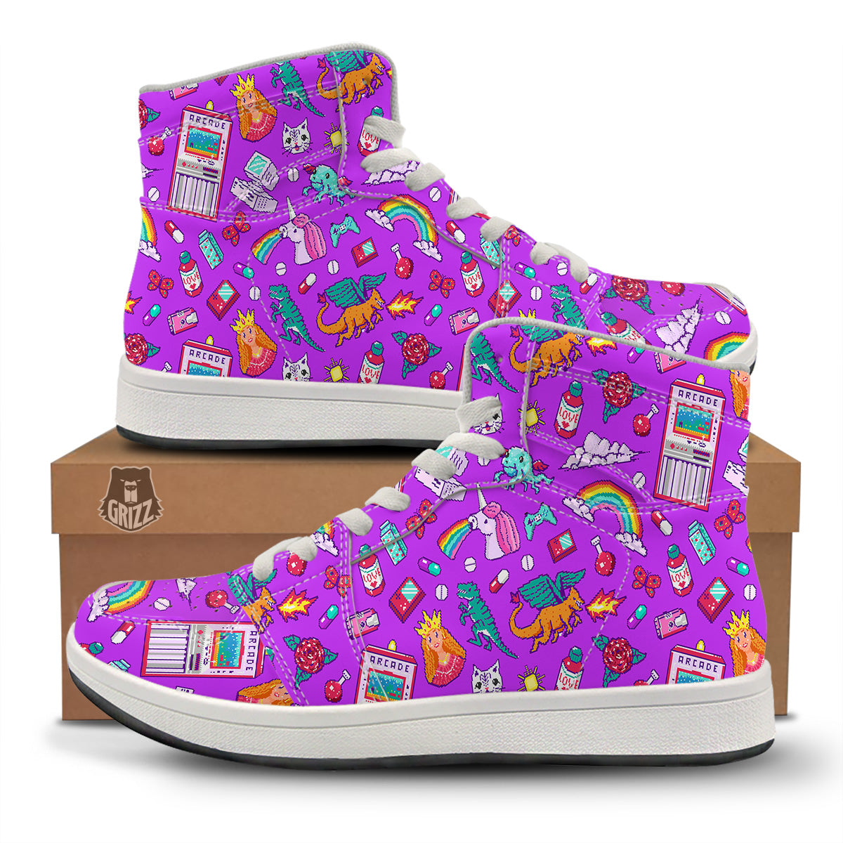 Pixel Art 8 Bit Pink Print Pattern High Top Sneakers-grizzshop