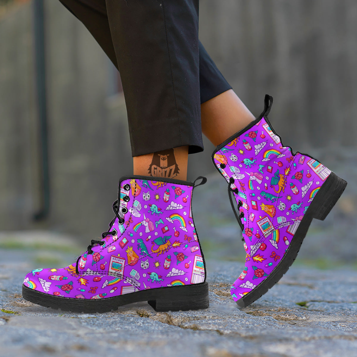 Pixel Art 8 Bit Pink Print Pattern Leather Boots-grizzshop