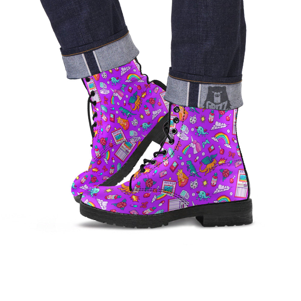 Pixel Art 8 Bit Pink Print Pattern Leather Boots-grizzshop