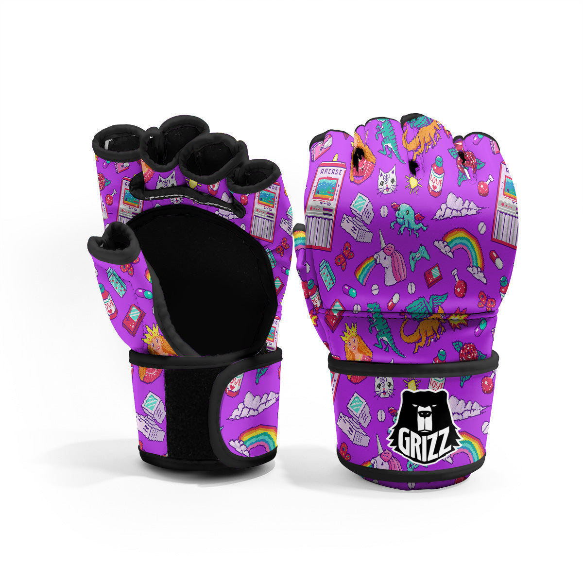 Pixel Art 8 Bit Pink Print Pattern MMA Gloves-grizzshop