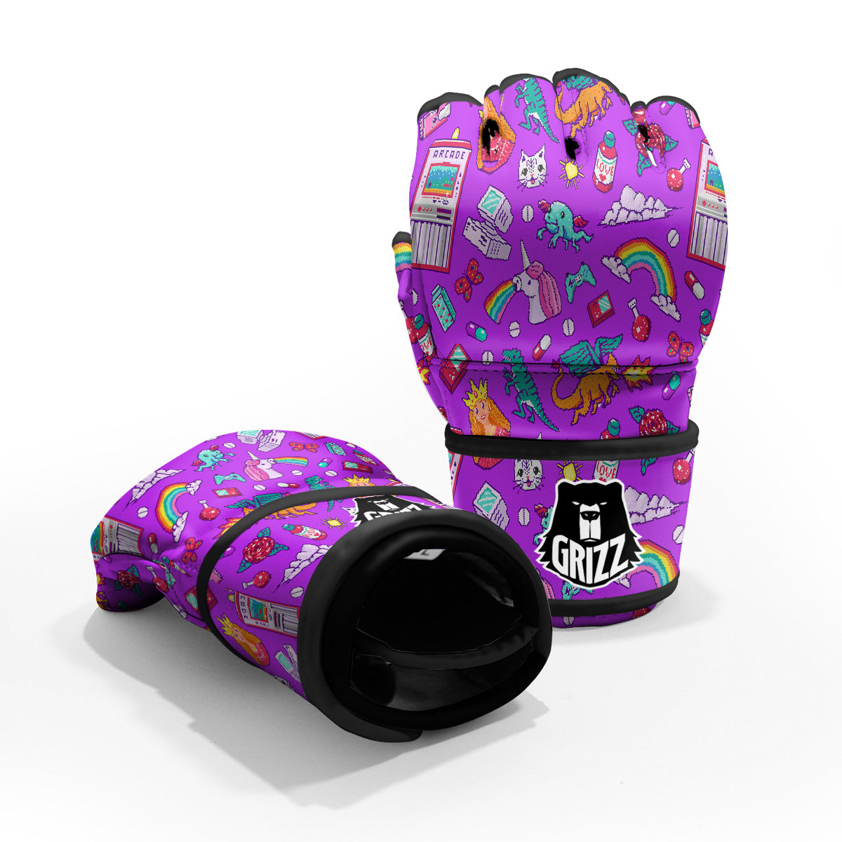 Pixel Art 8 Bit Pink Print Pattern MMA Gloves-grizzshop