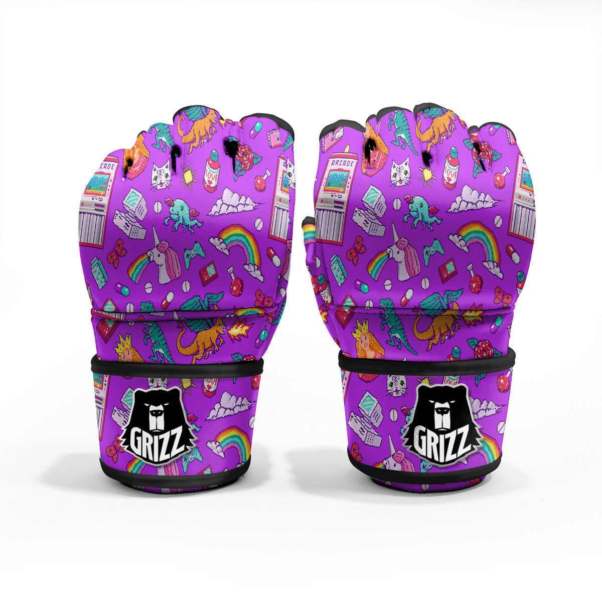 Pixel Art 8 Bit Pink Print Pattern MMA Gloves-grizzshop