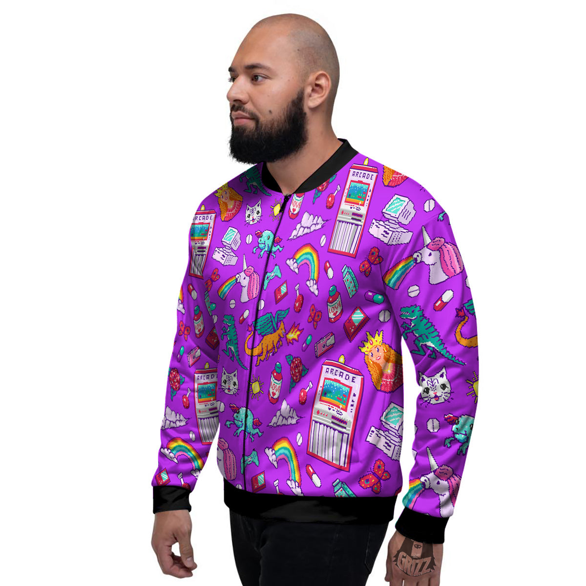 Pixel Art 8 Bit Pink Print Pattern Men's Bomber Jacket-grizzshop