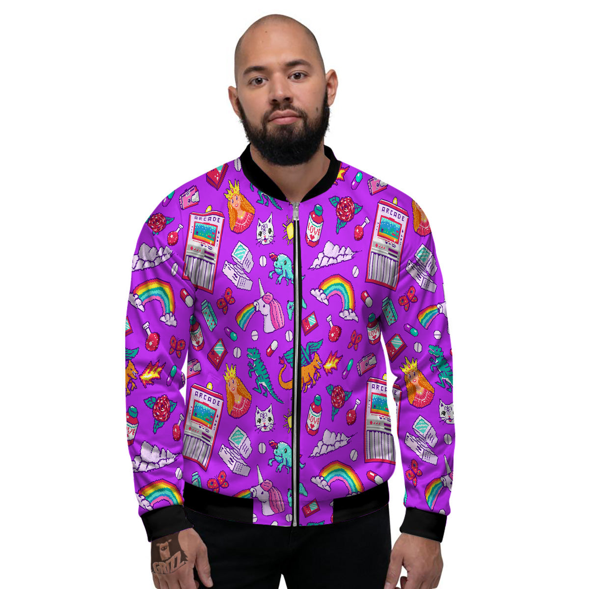 Pixel Art 8 Bit Pink Print Pattern Men's Bomber Jacket-grizzshop