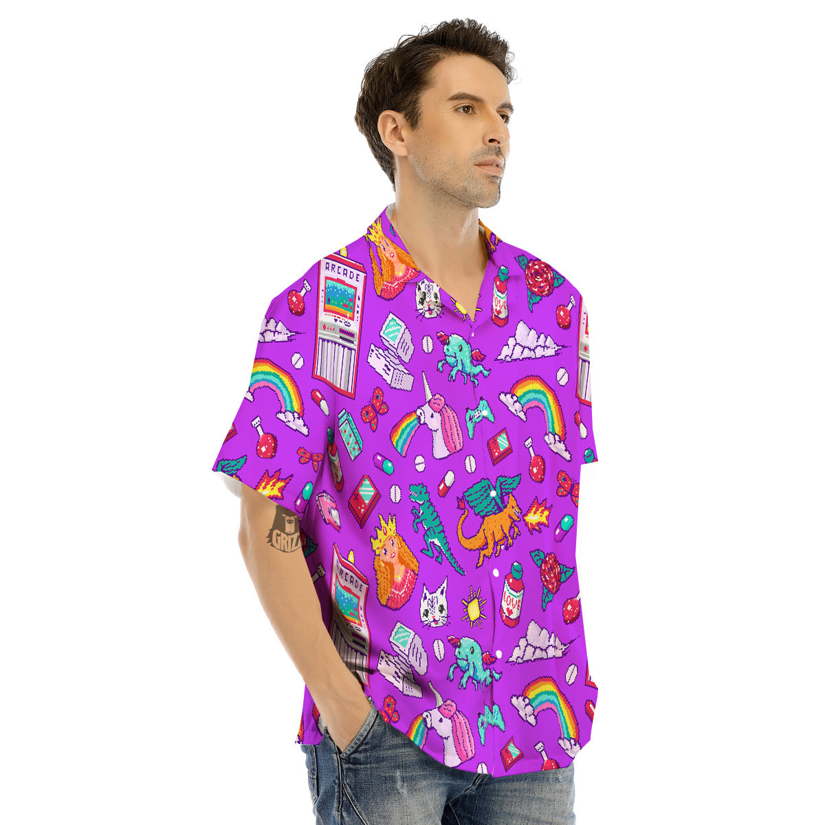 Pixel Art 8 Bit Pink Print Pattern Men's Hawaiian Shirt-grizzshop