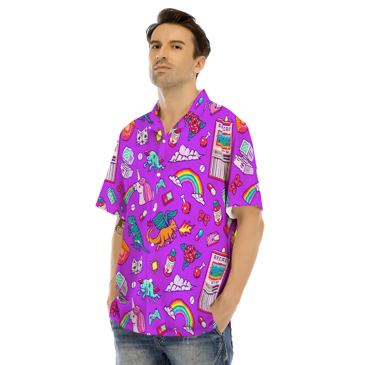Pixel Art 8 Bit Pink Print Pattern Men's Hawaiian Shirt-grizzshop