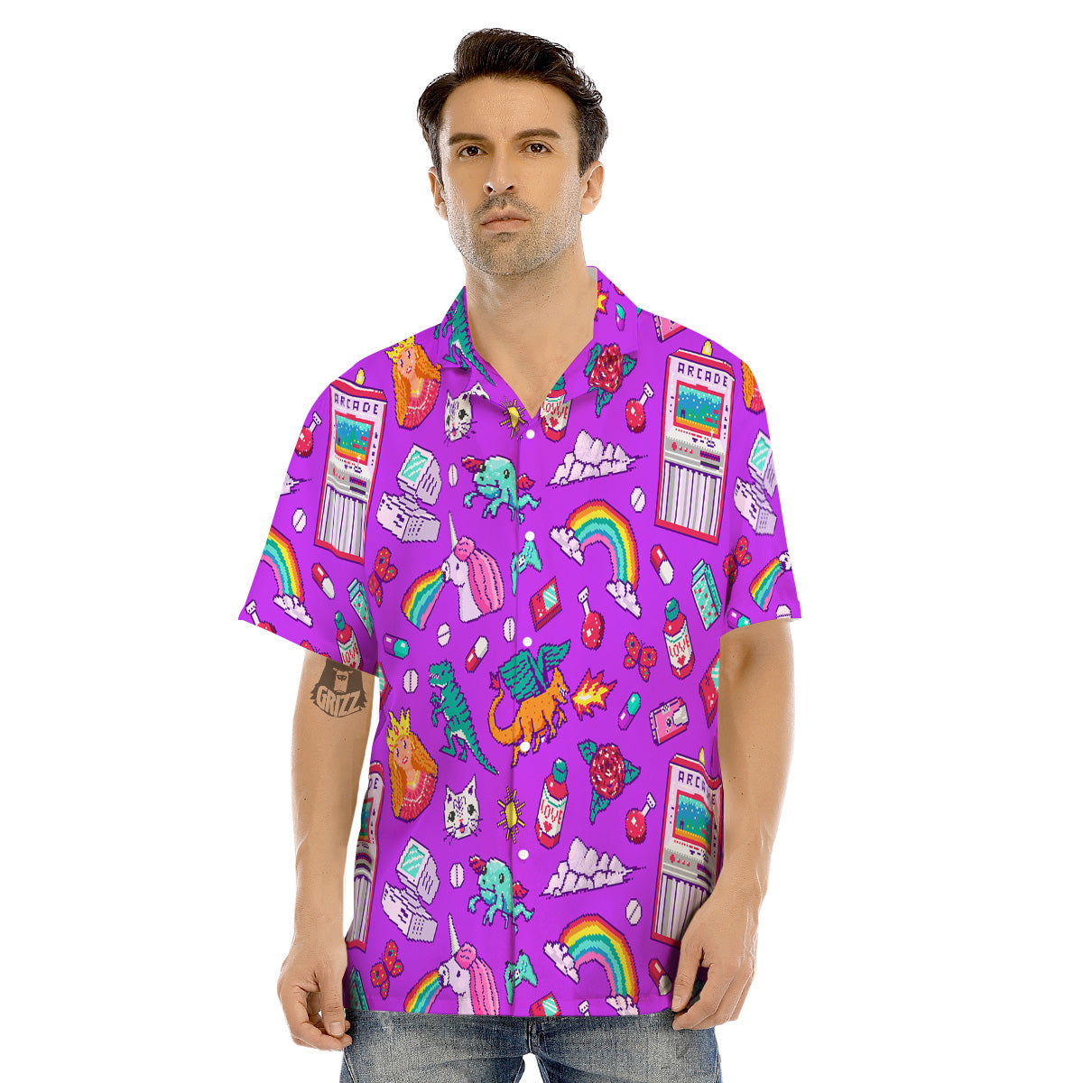 Pixel Art 8 Bit Pink Print Pattern Men's Hawaiian Shirt-grizzshop