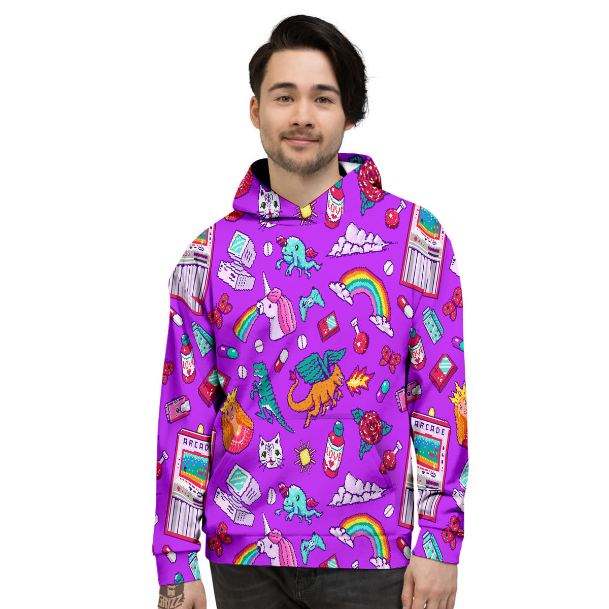 Pixel Art 8 Bit Pink Print Pattern Men's Hoodie-grizzshop
