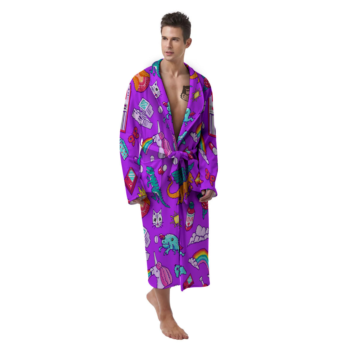 Pixel Art 8 Bit Pink Print Pattern Men's Robe-grizzshop
