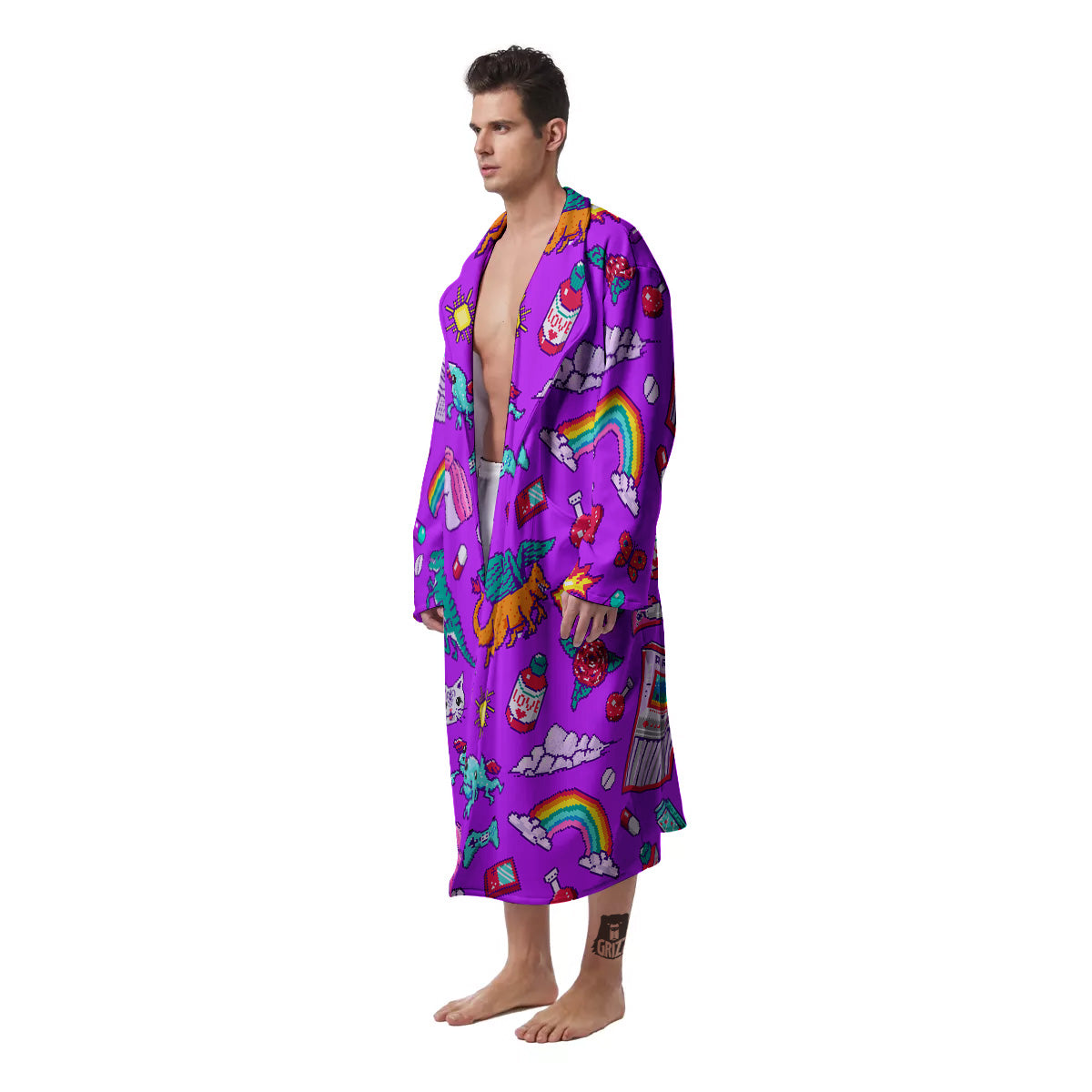 Pixel Art 8 Bit Pink Print Pattern Men's Robe-grizzshop