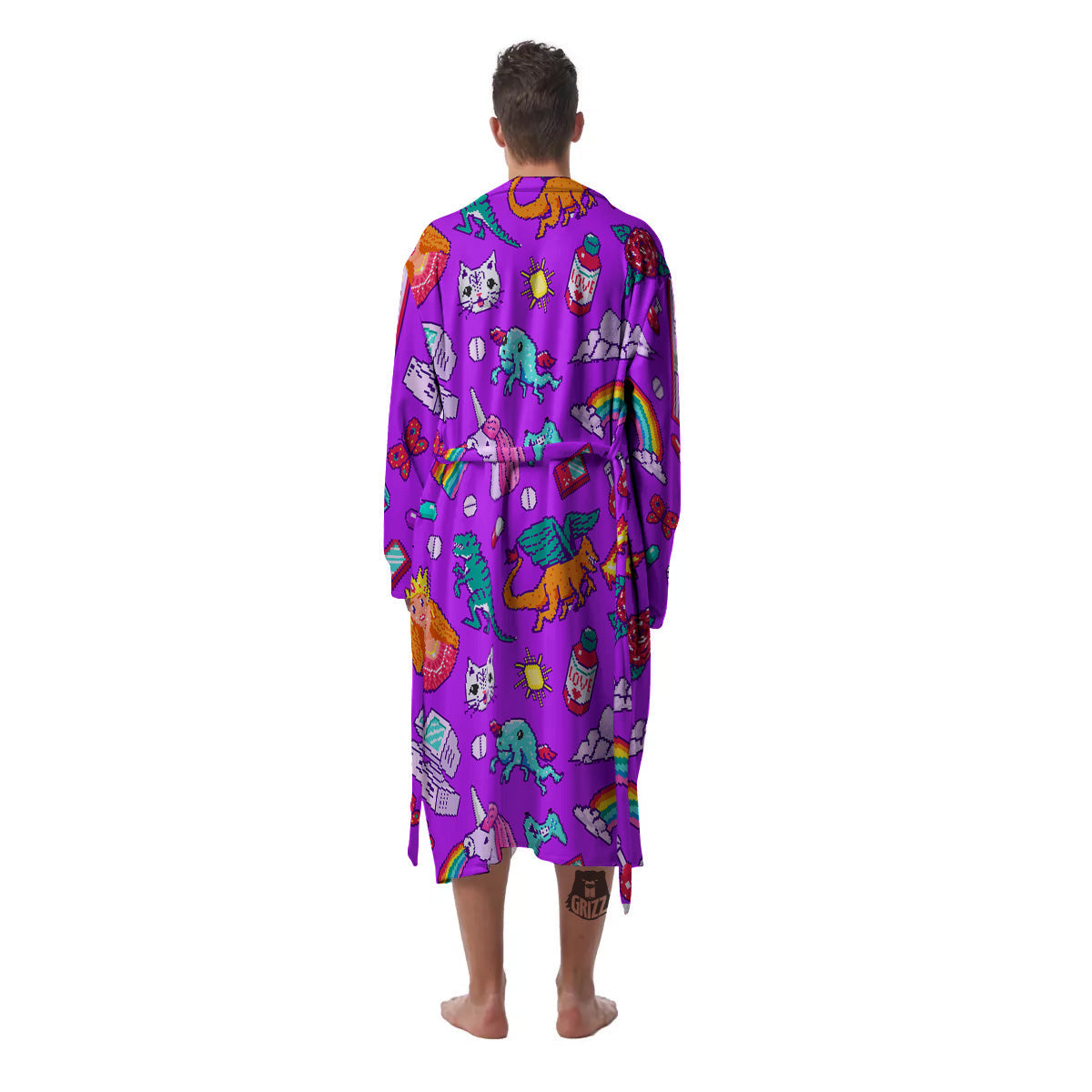 Pixel Art 8 Bit Pink Print Pattern Men's Robe-grizzshop