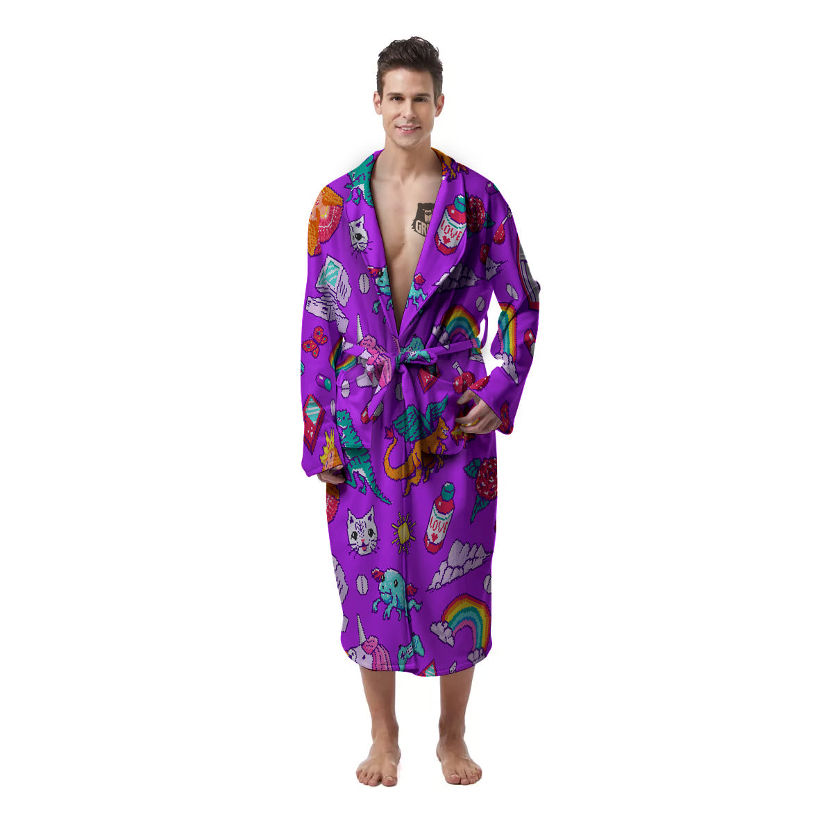Pixel Art 8 Bit Pink Print Pattern Men's Robe-grizzshop