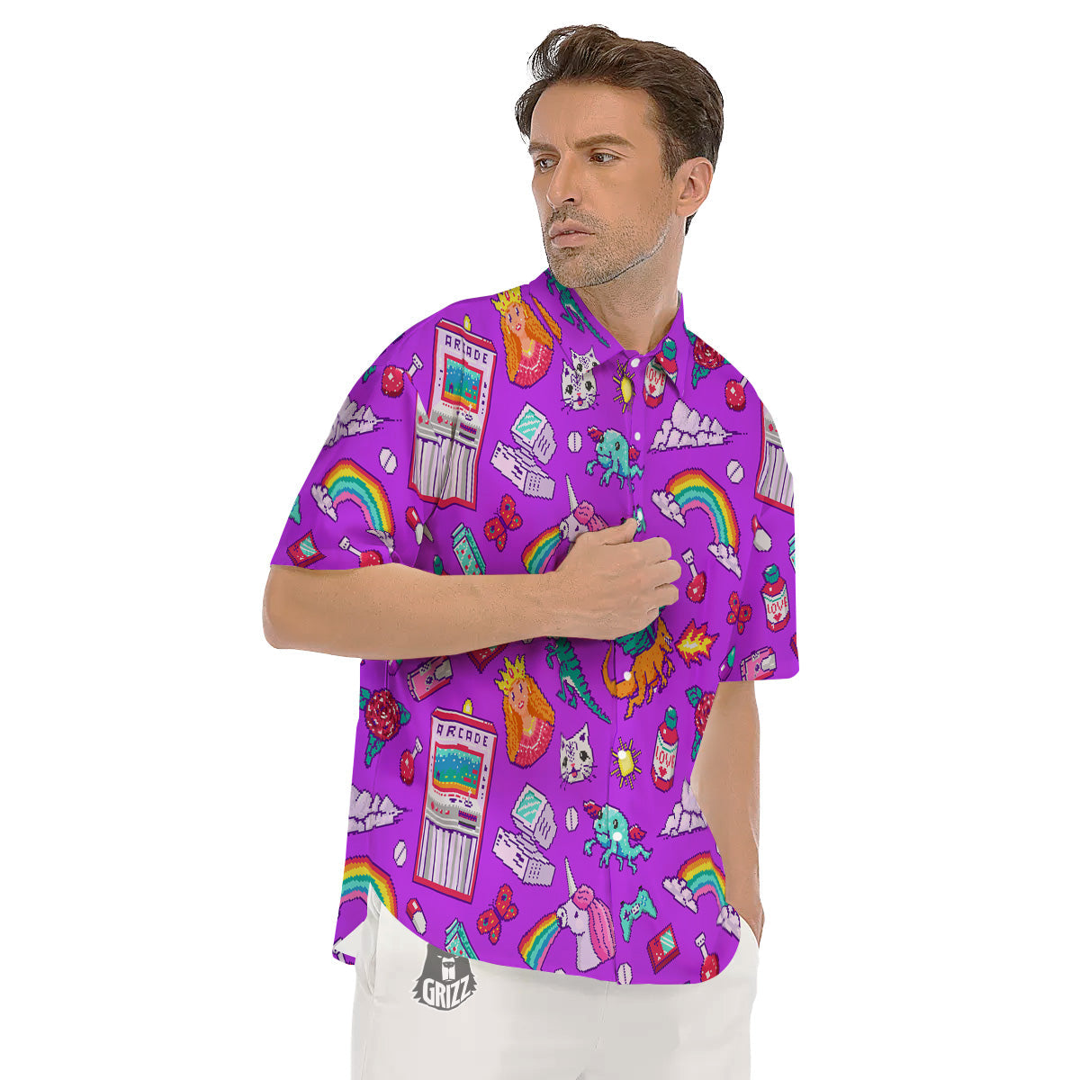Pixel Art 8 Bit Pink Print Pattern Men's Short Sleeve Shirts-grizzshop