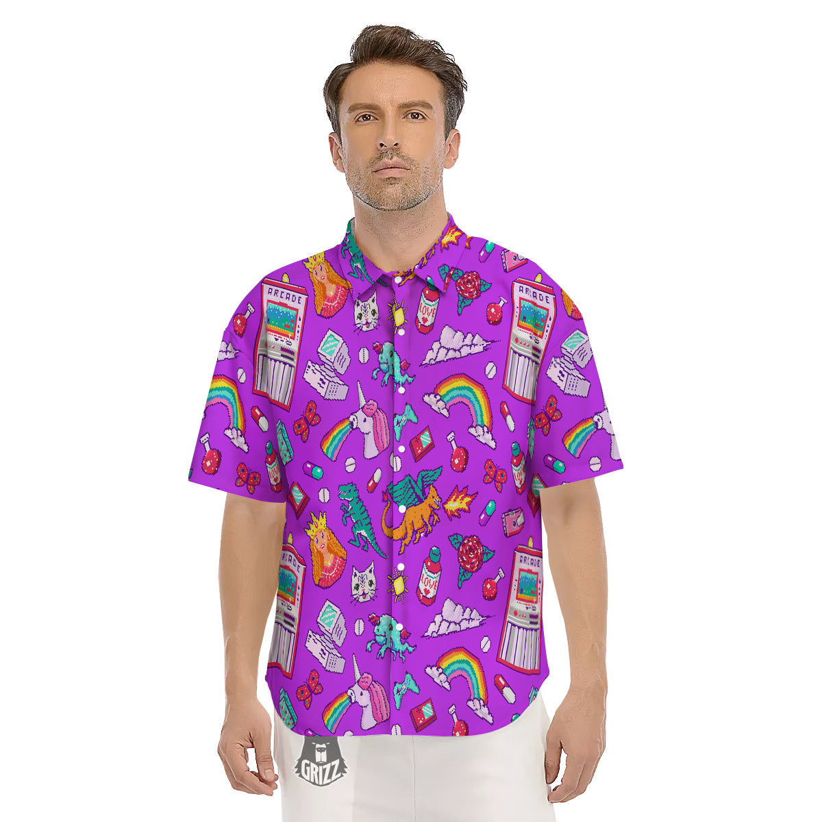 Pixel Art 8 Bit Pink Print Pattern Men's Short Sleeve Shirts-grizzshop