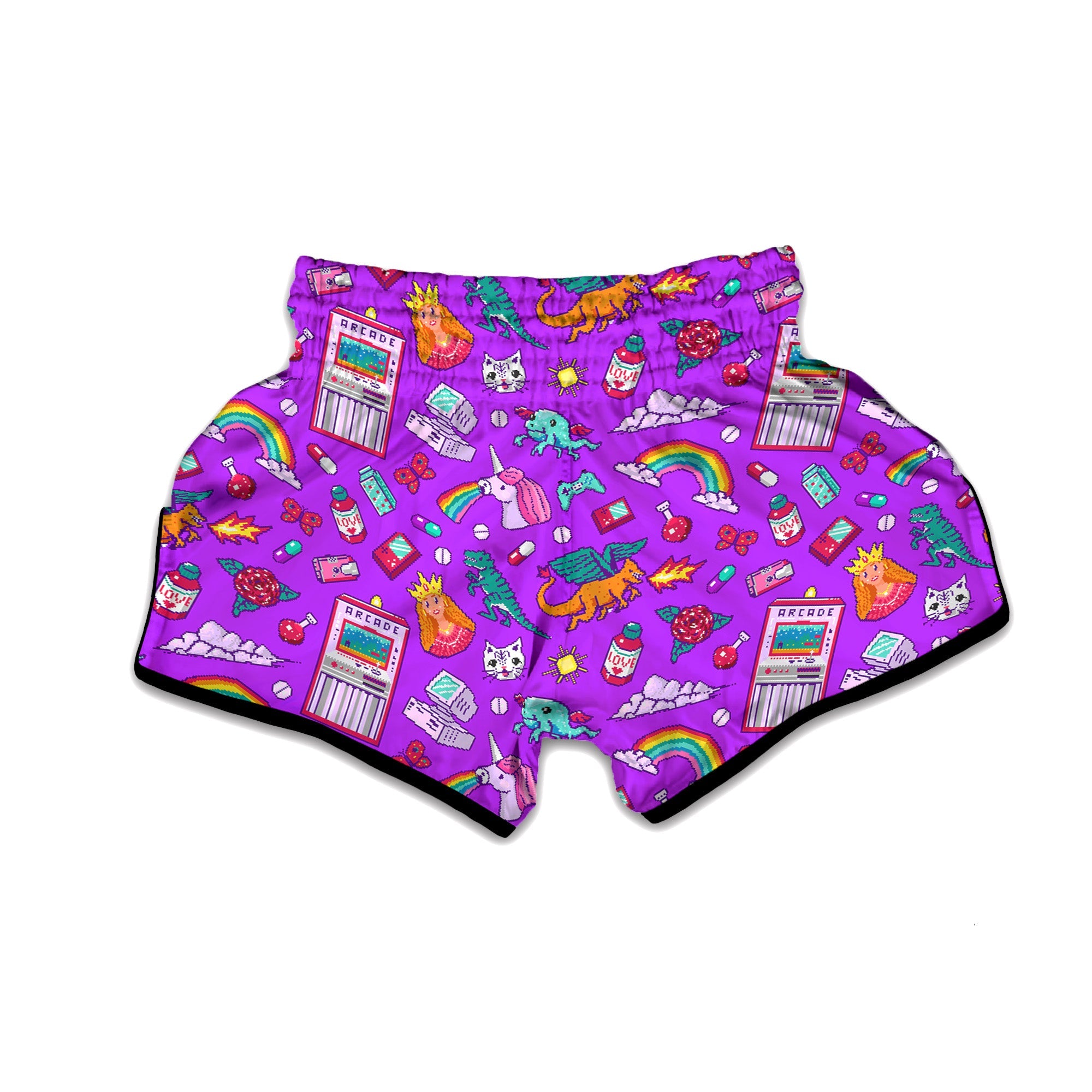 Pixel Art 8 Bit Pink Print Pattern Muay Thai Boxing Shorts-grizzshop