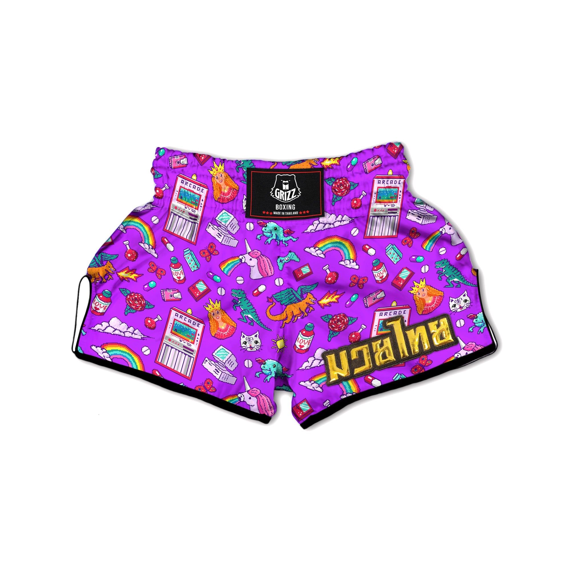 Pixel Art 8 Bit Pink Print Pattern Muay Thai Boxing Shorts-grizzshop