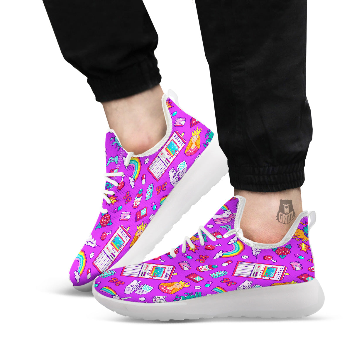 Pixel Art 8 Bit Pink Print Pattern White Athletic Shoes-grizzshop