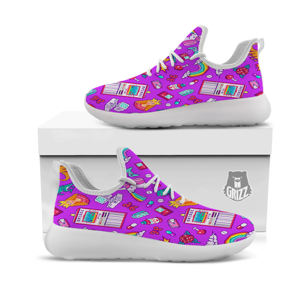 Pixel Art 8 Bit Pink Print Pattern White Athletic Shoes-grizzshop