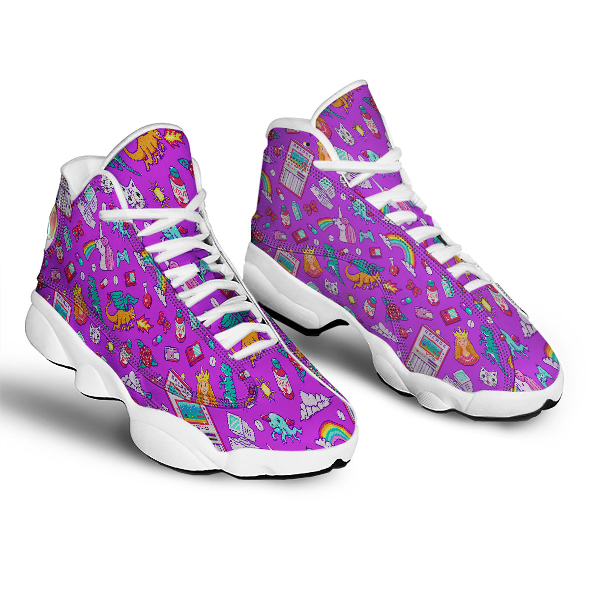 Pixel Art 8 Bit Pink Print Pattern White Basketball Shoes-grizzshop