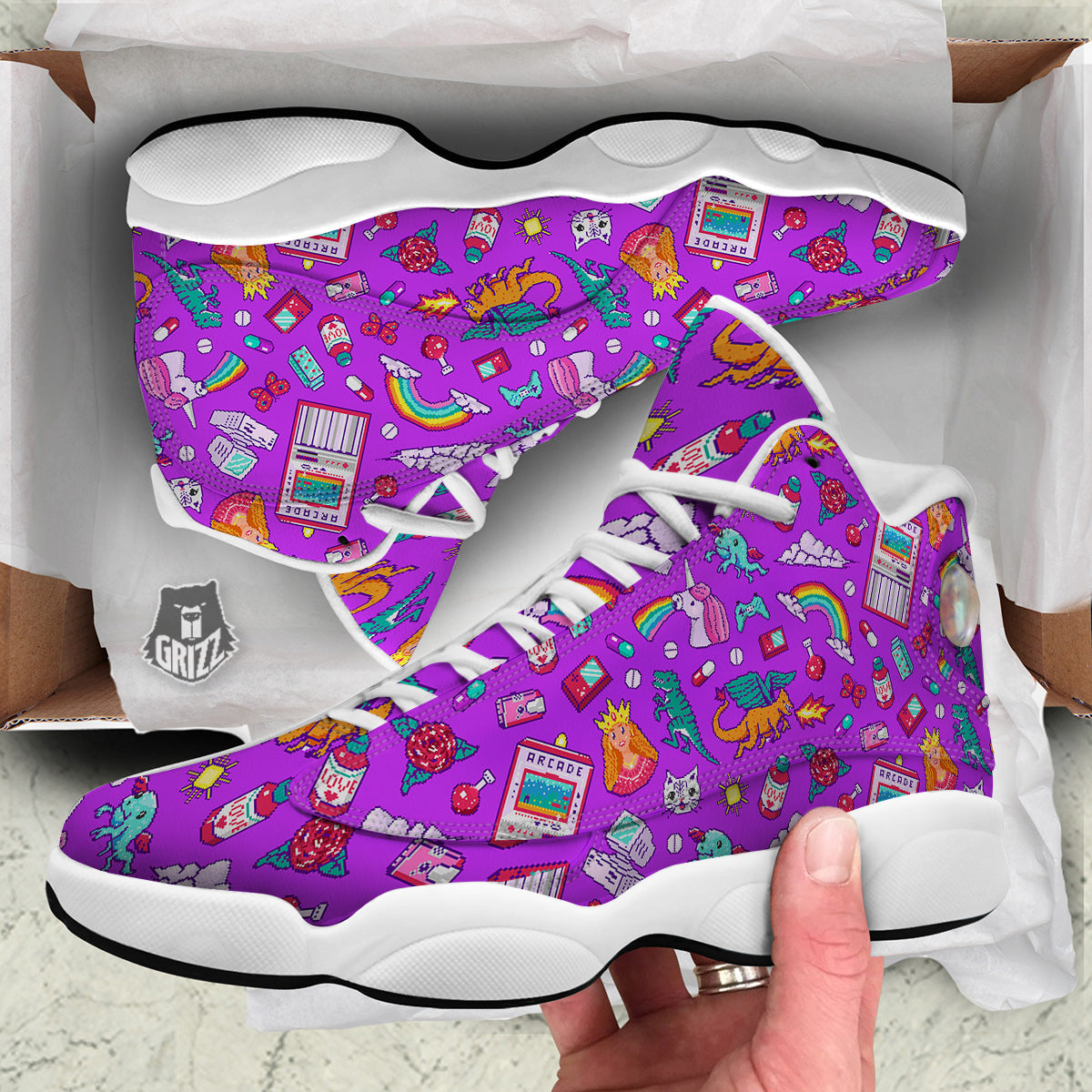Pixel Art 8 Bit Pink Print Pattern White Basketball Shoes-grizzshop