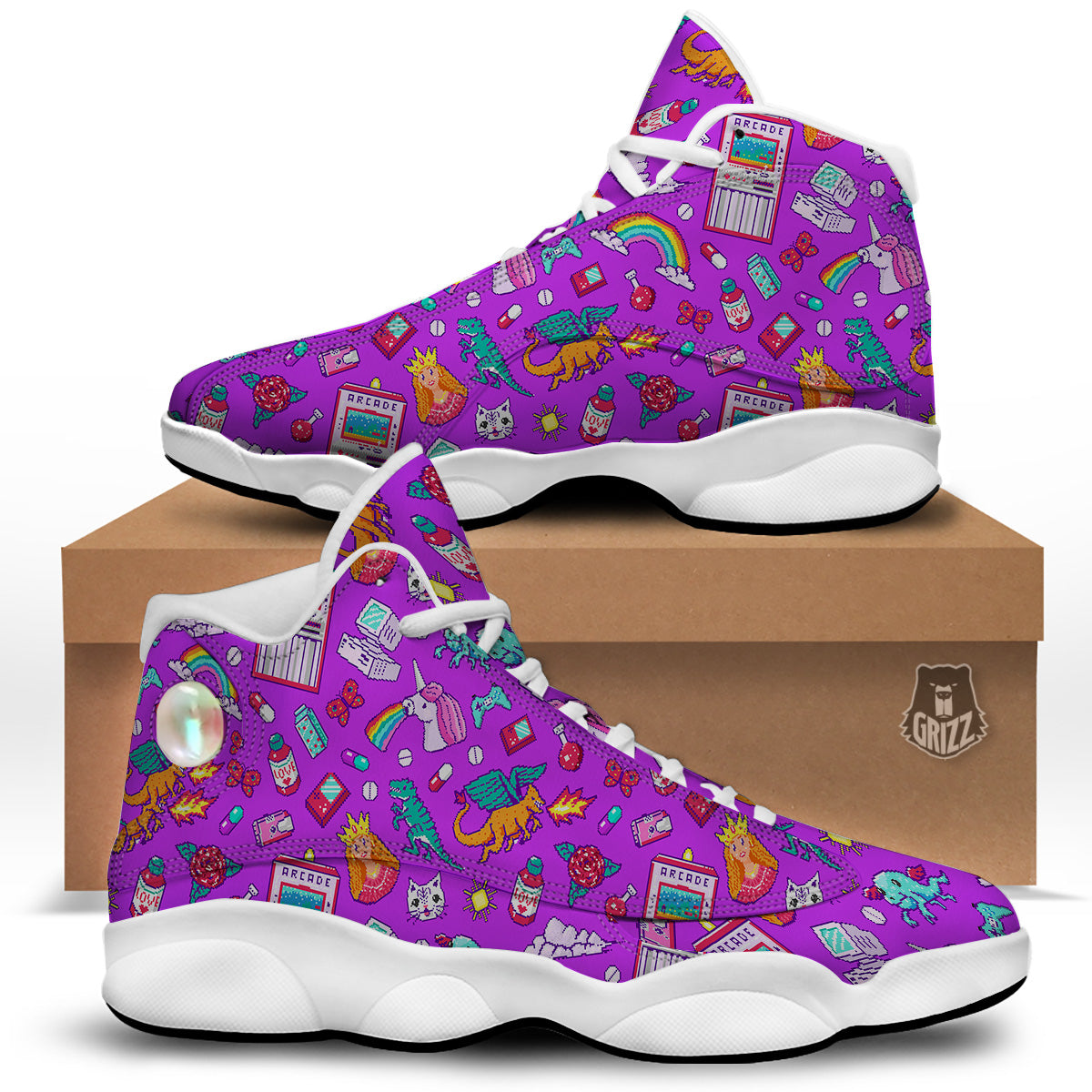 Pixel Art 8 Bit Pink Print Pattern White Basketball Shoes-grizzshop