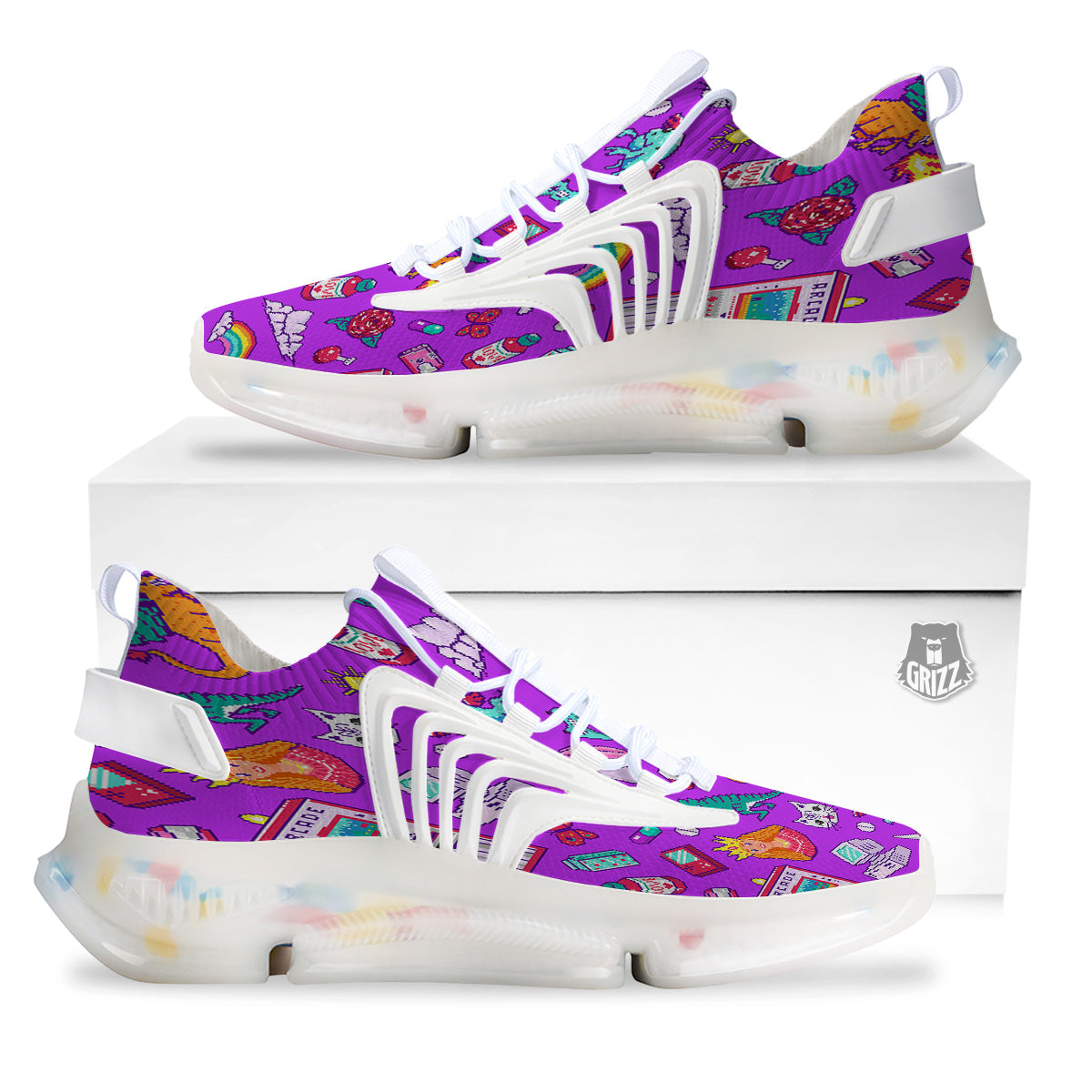 Pixel Art 8 Bit Pink Print Pattern White Gym Shoes-grizzshop