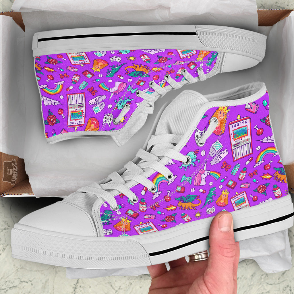 Pixel Art 8 Bit Pink Print Pattern White High Top Shoes-grizzshop