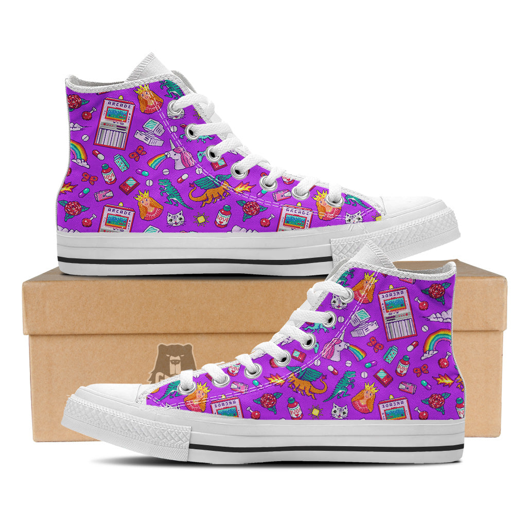 Pixel Art 8 Bit Pink Print Pattern White High Top Shoes-grizzshop
