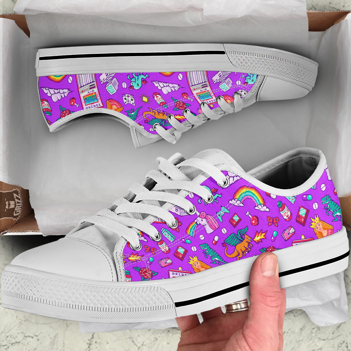 Pixel Art 8 Bit Pink Print Pattern White Low Top Shoes-grizzshop