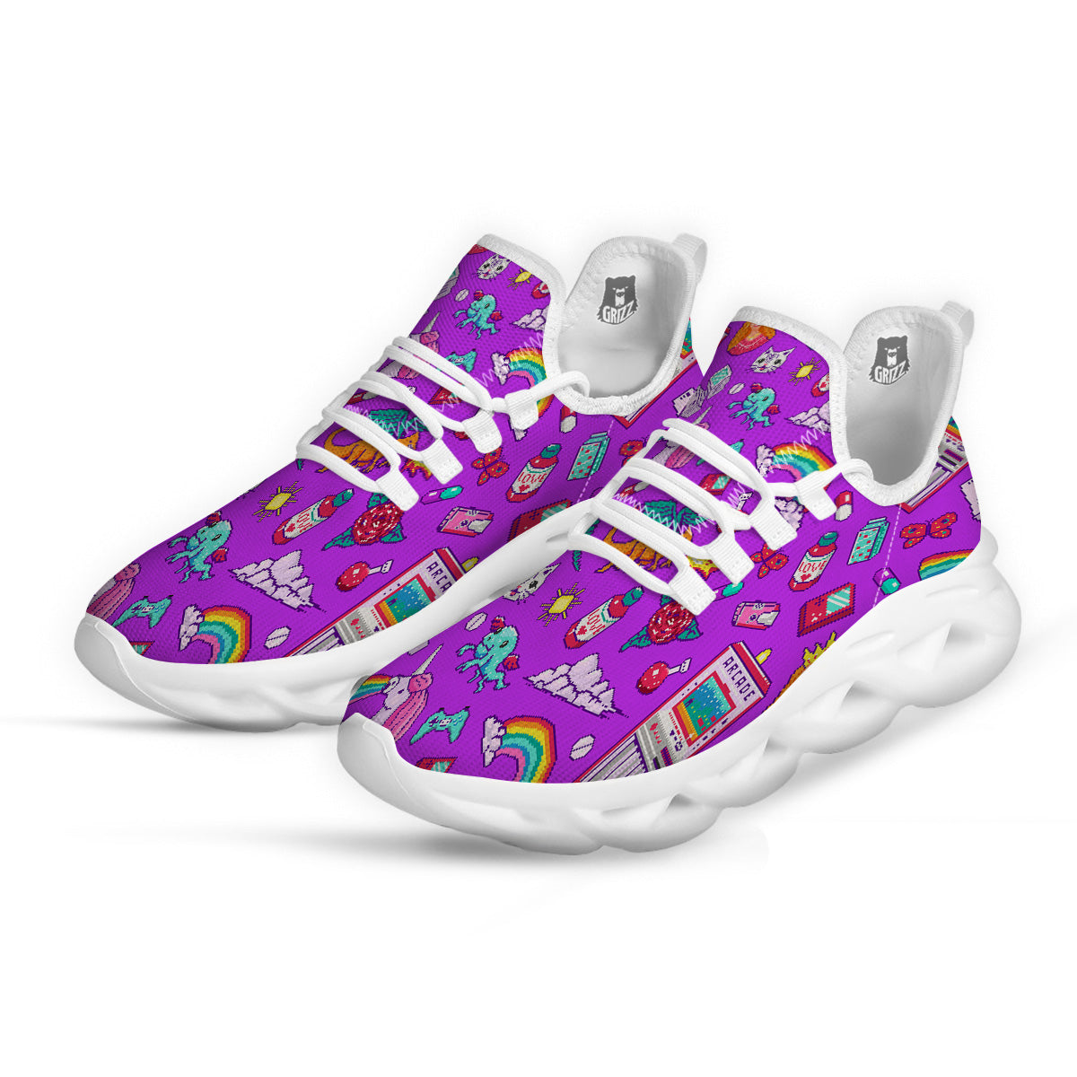 Pixel Art 8 Bit Pink Print Pattern White Running Shoes-grizzshop