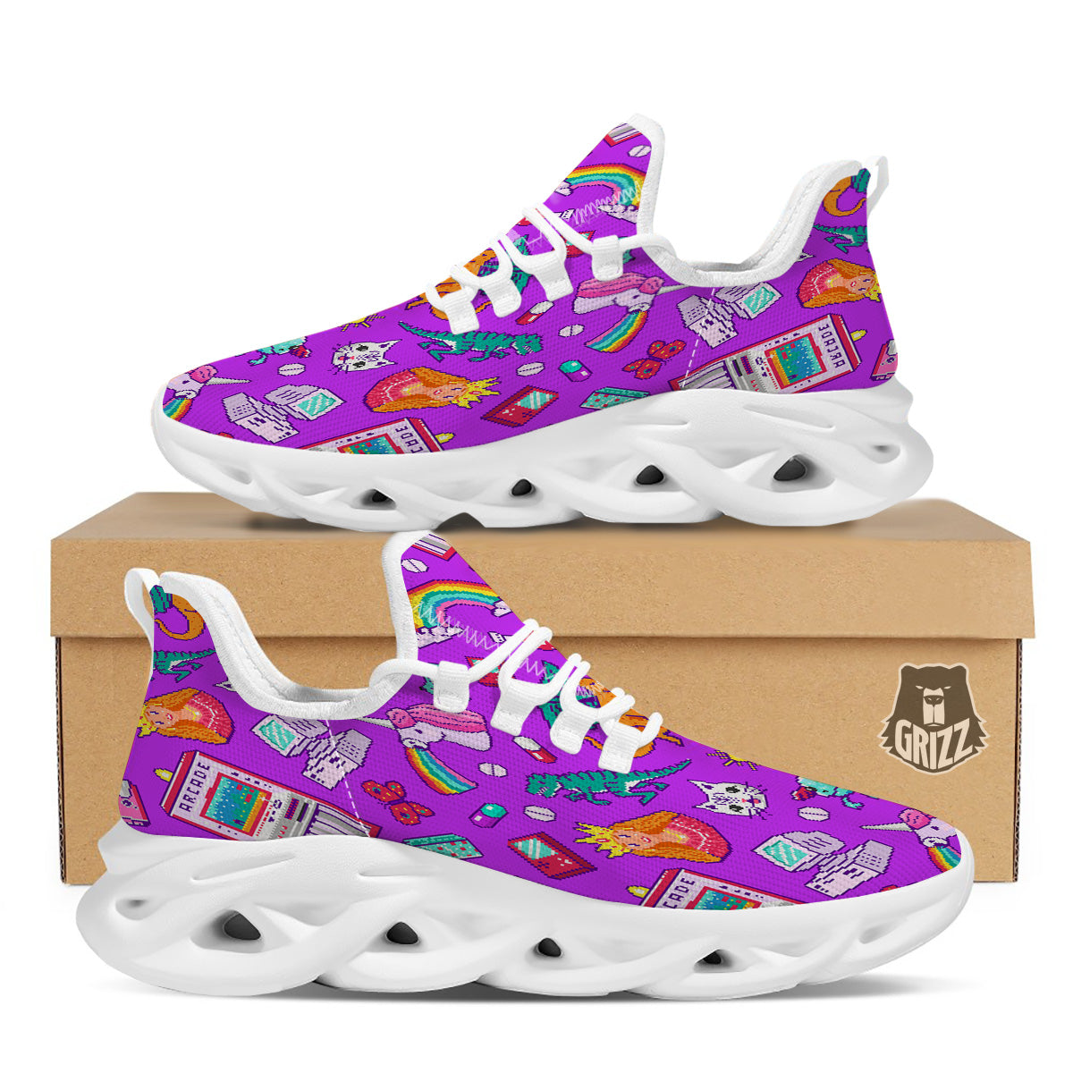 Pixel Art 8 Bit Pink Print Pattern White Running Shoes-grizzshop