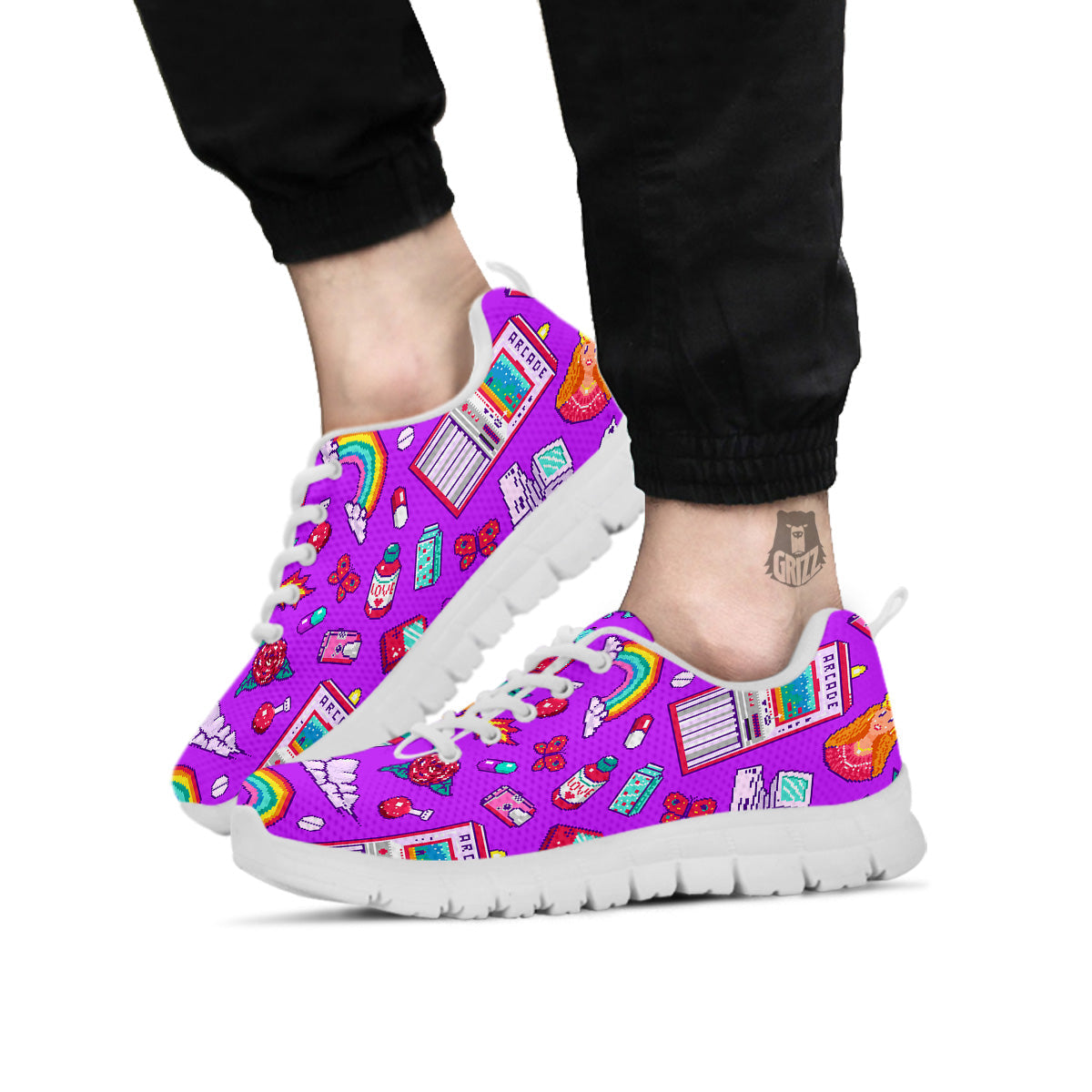 Pixel Art 8 Bit Pink Print Pattern White Sneaker-grizzshop