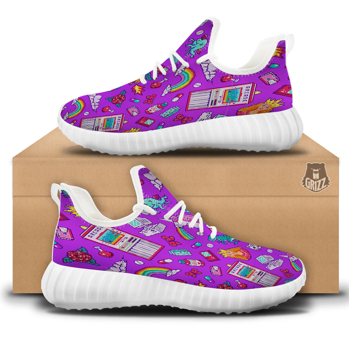 Pixel Art 8 Bit Pink Print Pattern White Walking Shoes-grizzshop