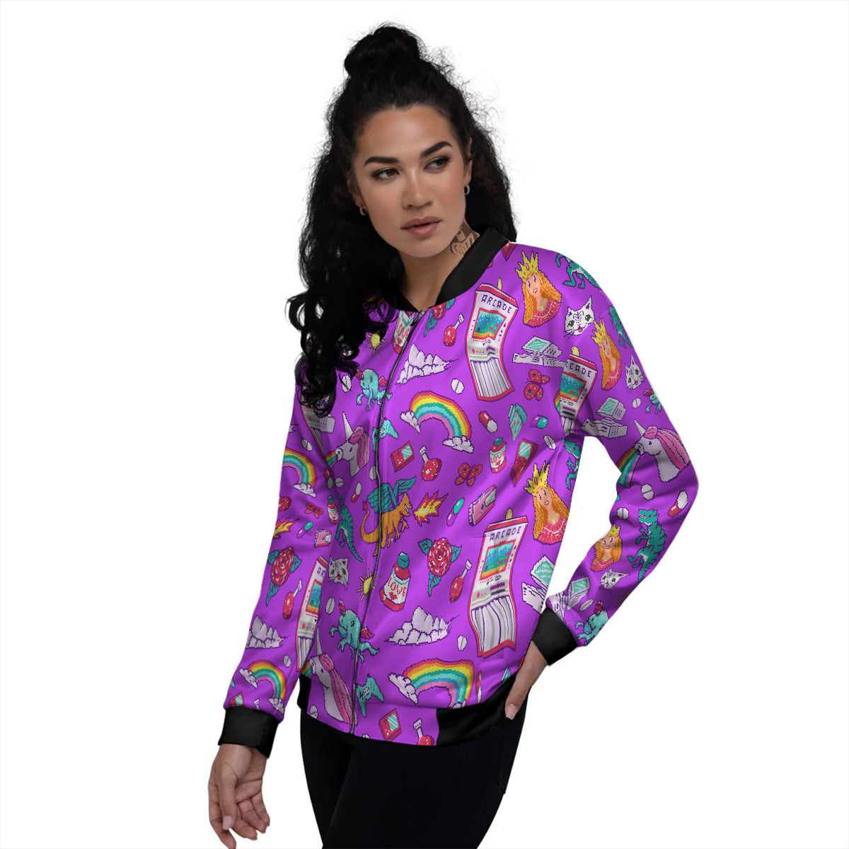 Pixel Art 8 Bit Pink Print Pattern Women's Bomber Jacket-grizzshop