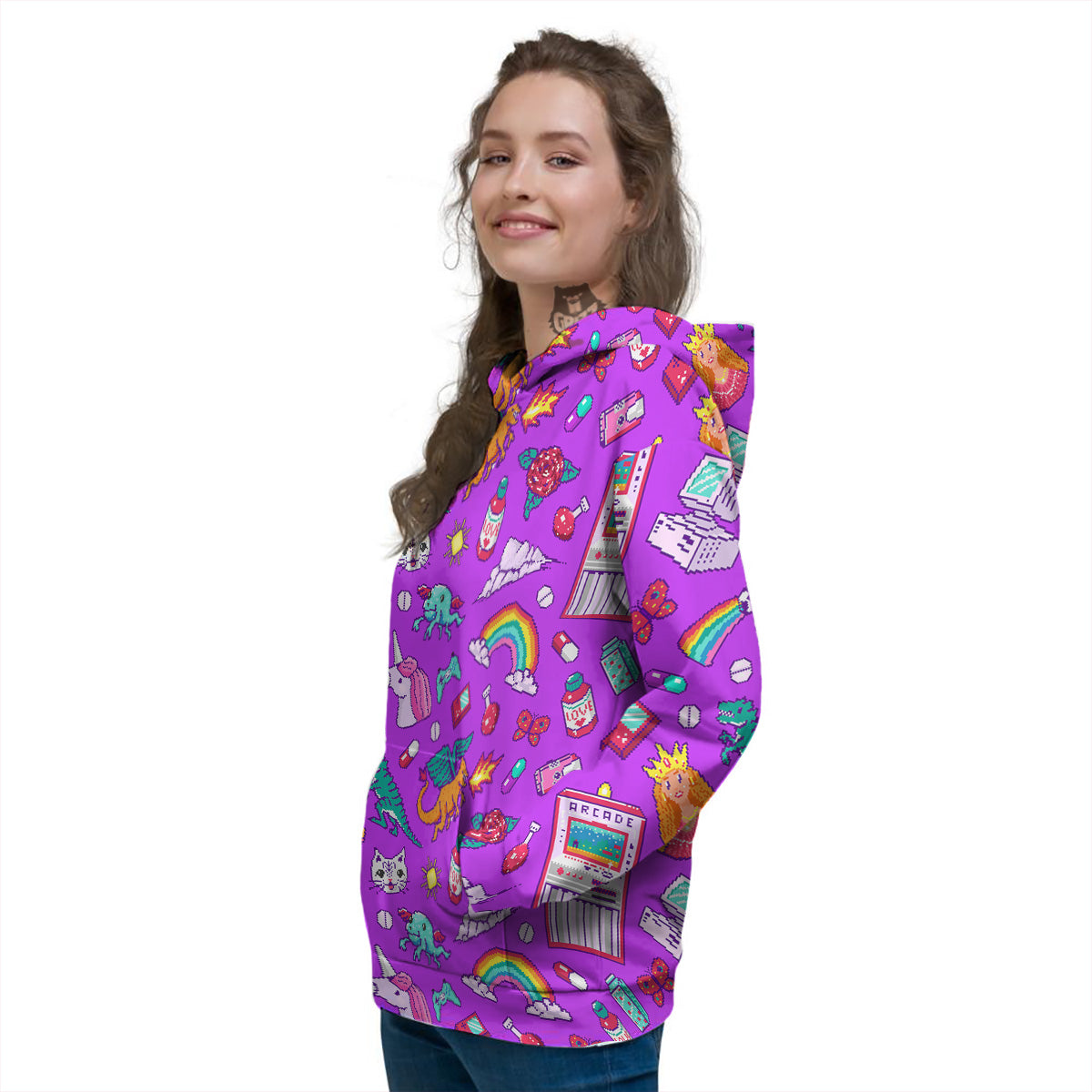 Pixel Art 8 Bit Pink Print Pattern Women's Hoodie-grizzshop
